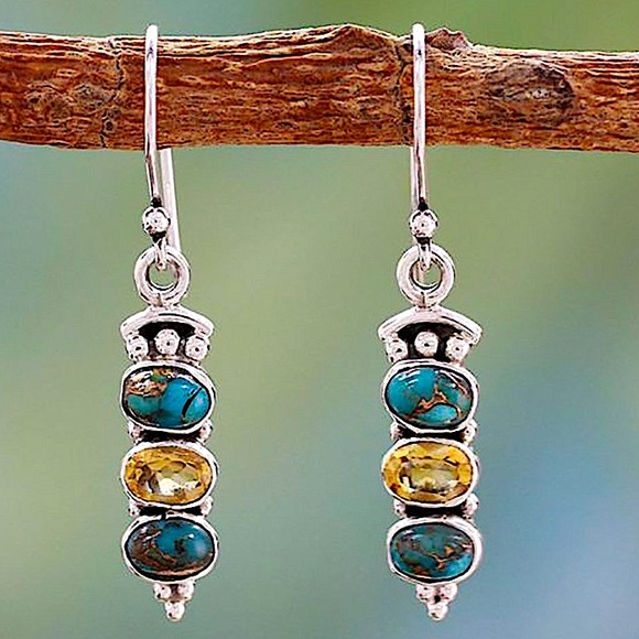 Silver Vintage Handmade Boho Turquoise Dangle Drop Stone Citrine Earrings - Picture 2 of 4